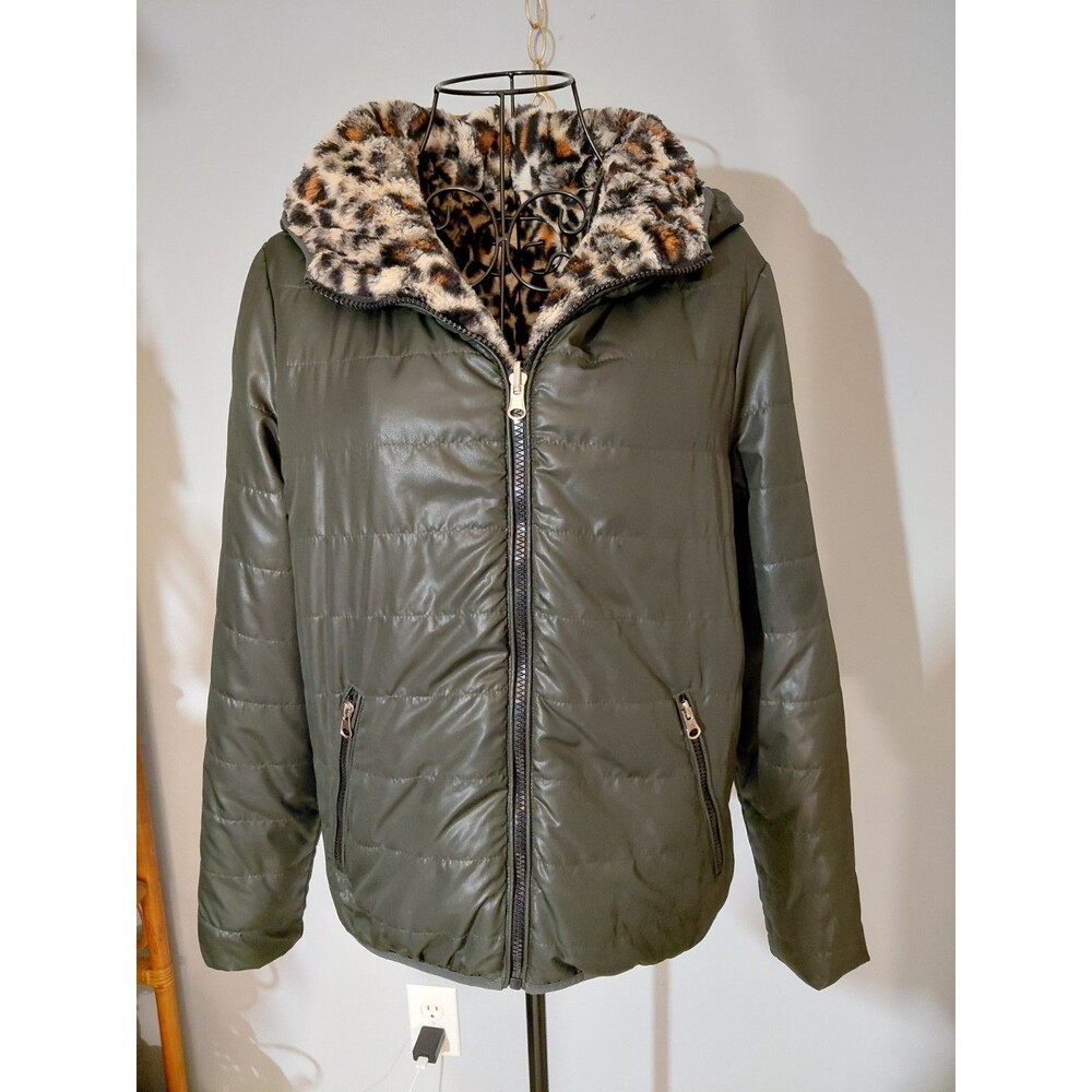 Altar’d State Reversible Olive Puffer Leopard Faux Fur Hooded Jacket M